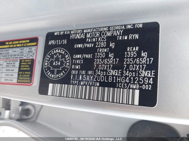 12680152 :رقم المزاد ، 5XYZUDLB1HG412594 vin ، 2017 Hyundai Santa Fe Sport مزاد بيع