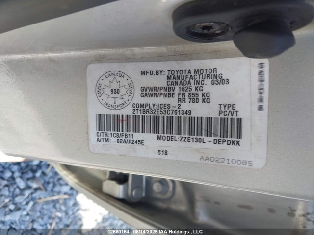 Продажа на аукционе авто 2003 Toyota Corolla Ce/le/s, vin: 2T1BR32E53C761349, номер лота: 12680164