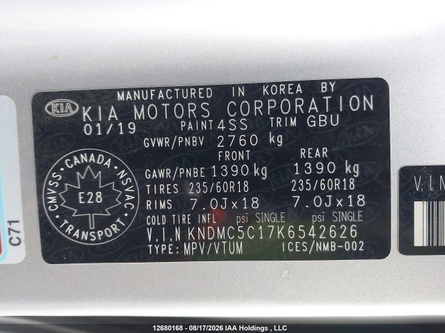 Aukcja sprzedaży 2019 Kia Sedona Ex/sx, vin: KNDMC5C17K6542626, numer aukcji: 12680168