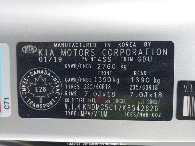 Aukcja sprzedaży 2019 Kia Sedona Ex/sx, vin: KNDMC5C17K6542626, numer aukcji: 12680168