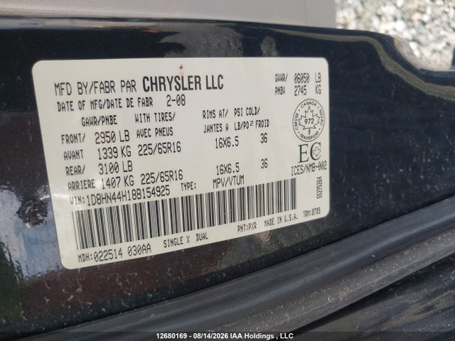 12680169 :رقم المزاد ، 1D8HN44H18B154925 vin ، 2008 Dodge Grand Caravan Se مزاد بيع