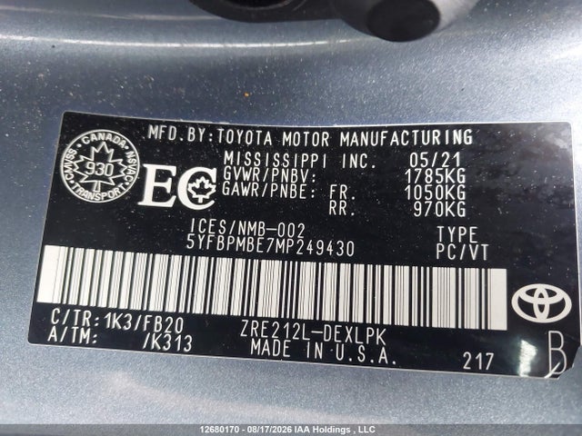Toyota COROLLA LE 2021 5YFBPMBE7MP249430 Image 9