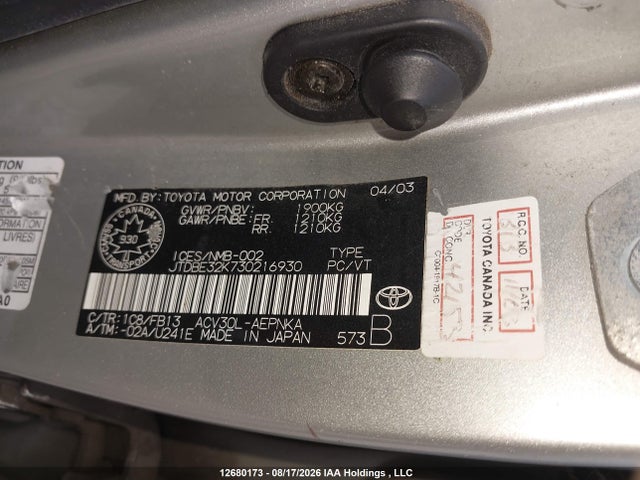 12680173 :رقم المزاد ، JTDBE32K730216930 vin ، 2003 Toyota Camry مزاد بيع