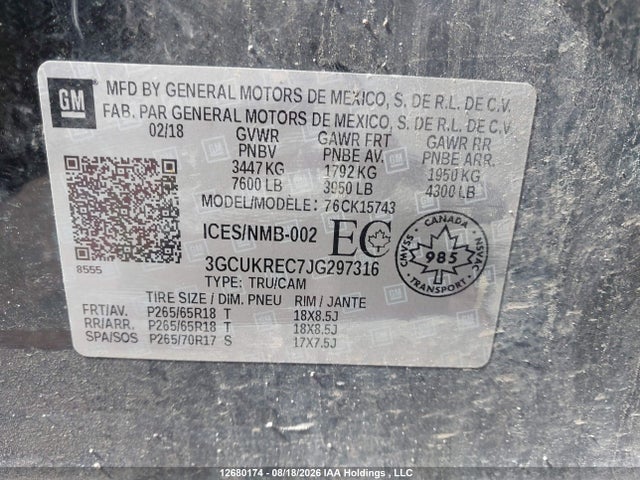 3GCUKREC7JG297316 Chevrolet Silverado 1500 1lt