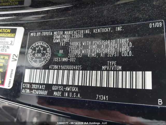 2009 Toyota Venza Base V6 მანქანა იყიდება აუქციონზე, vin: 4T3BK11AX9U004825, აუქციონის ნომერი: 12680177