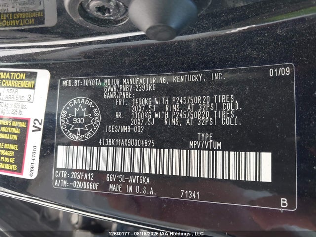 2009 Toyota Venza Base V6 მანქანა იყიდება აუქციონზე, vin: 4T3BK11AX9U004825, აუქციონის ნომერი: 12680177