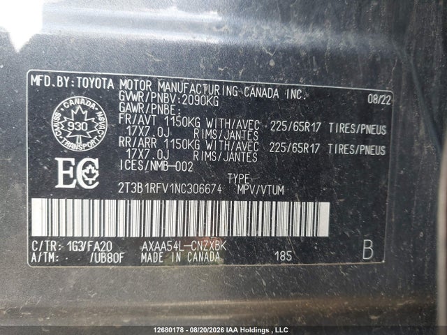 2T3B1RFV1NC306674 Toyota RAV4 LE