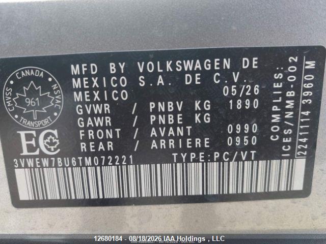 12680184 :رقم المزاد ، 3VWEW7BU6TM072221 vin ، 2026 Volkswagen Jetta Comfortline مزاد بيع