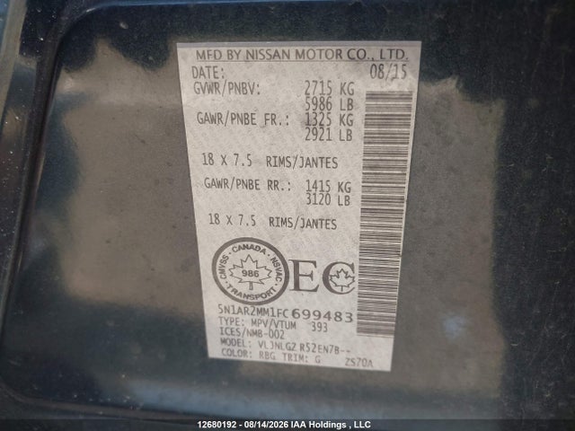 Aukcja sprzedaży 2015 Nissan Pathfinder S/sv/sl/platinum, vin: 5N1AR2MM1FC699483, numer aukcji: 12680192