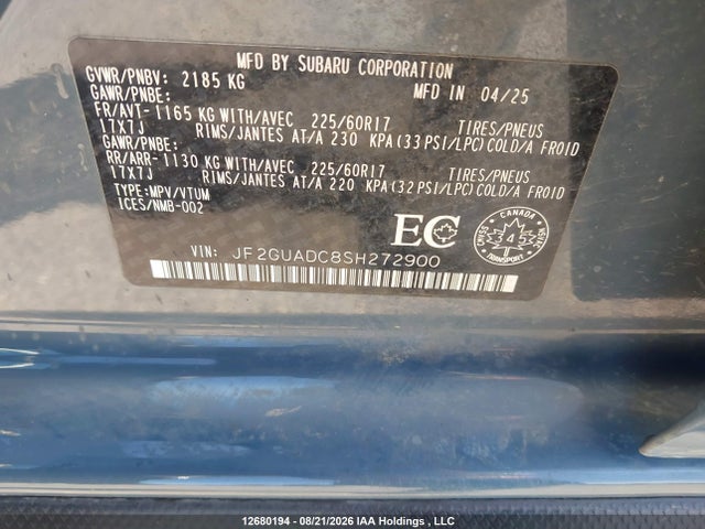 12680194 :رقم المزاد ، JF2GUADC8SH272900 vin ، 2025 Subaru Crosstrek Premium مزاد بيع