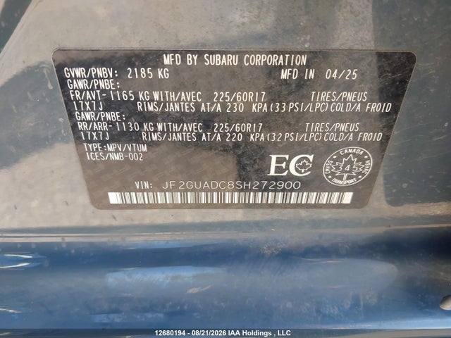12680194 :رقم المزاد ، JF2GUADC8SH272900 vin ، 2025 Subaru Crosstrek Premium مزاد بيع
