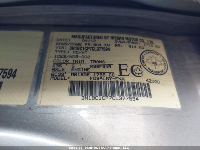 Aukcja sprzedaży 2012 Nissan Versa 1.8 S, vin: 3N1BC1CP7CL377594, numer aukcji: 12680195