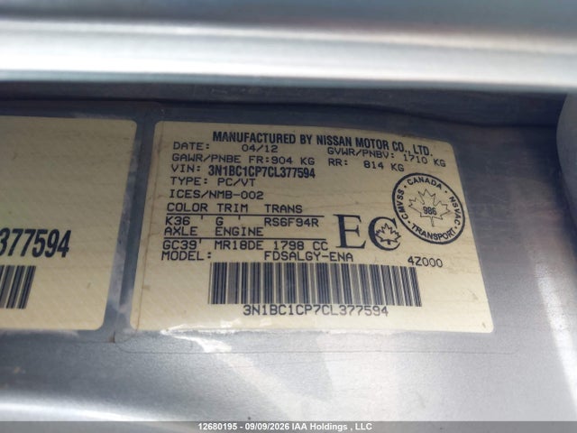 Aukcja sprzedaży 2012 Nissan Versa 1.8 S, vin: 3N1BC1CP7CL377594, numer aukcji: 12680195