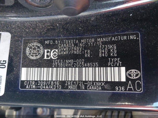 2T1BURHE2GC548535 Toyota COROLLA LE