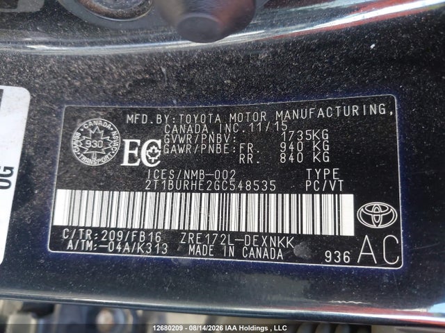 2T1BURHE2GC548535 Toyota COROLLA LE