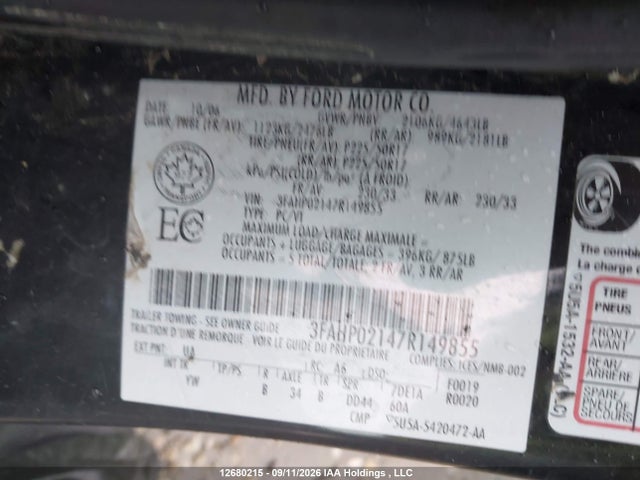 2007 Ford Fusion Sel მანქანა იყიდება აუქციონზე, vin: 3FAHP02147R149855, აუქციონის ნომერი: 12680215
