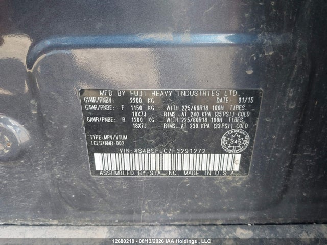 12680218 :رقم المزاد ، 4S4BSFLC7F3291272 vin ، 2015 Subaru Outback 3.6r Limited Package مزاد بيع