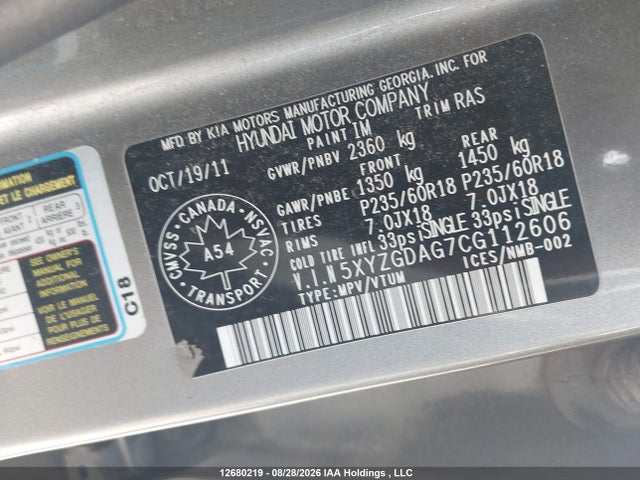 12680219 :رقم المزاد ، 5XYZGDAG7CG112606 vin ، 2012 Hyundai Santa Fe Gls مزاد بيع