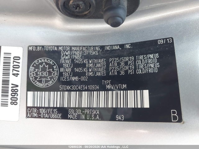 12680226 :رقم المزاد ، 5TDXK3DC4ES410934 vin ، 2014 Toyota Sienna Sport مزاد بيع