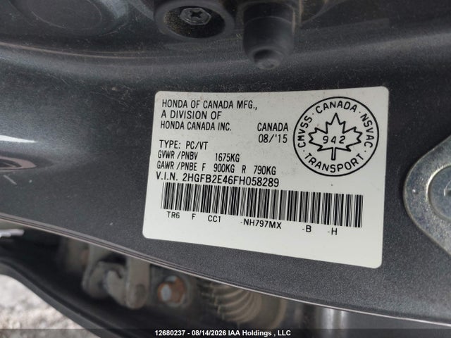 Honda Civic Lx 2015 2HGFB2E46FH058289 Image 9