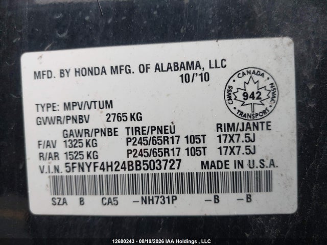 Aukcja sprzedaży 2011 Honda Pilot, vin: 5FNYF4H24BB503727, numer aukcji: 12680243