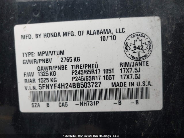 Aukcja sprzedaży 2011 Honda Pilot, vin: 5FNYF4H24BB503727, numer aukcji: 12680243