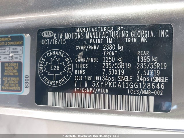 Aukcja sprzedaży 2016 Kia Sorento Sx/sx Limited, vin: 5XYPKDA11GG128646, numer aukcji: 12680245