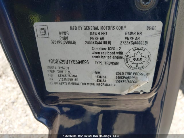 12680250 :رقم المزاد ، 1GCGK29U1YE394696 vin ، 2000 Chevrolet Silverado K2500 مزاد بيع