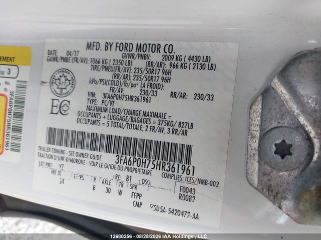 Продаж на аукціоні авто 2017 Ford Fusion Se, vin: 3FA6P0H75HR361961, номер лоту: 12680256