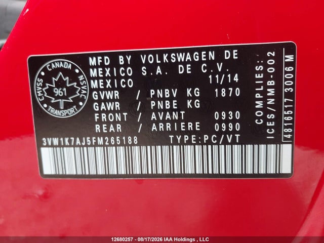 3VW1K7AJ5FM265188 Volkswagen Jetta 2.0l Trendline/2.0l Trendline+