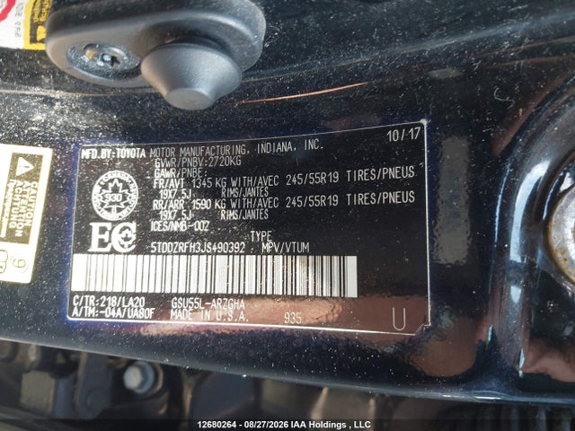 5TDDZRFH3JS490392 Toyota Highlander Limited
