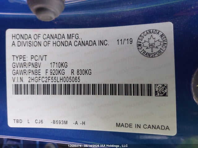 Auction sale of the 2020 Honda Civic Lx, vin: 2HGFC2F55LH005065, lot number: 12680274