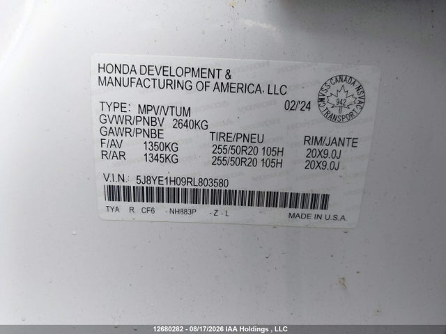 12680282 :رقم المزاد ، 5J8YE1H09RL803580 vin ، 2024 Acura Mdx A-spec مزاد بيع
