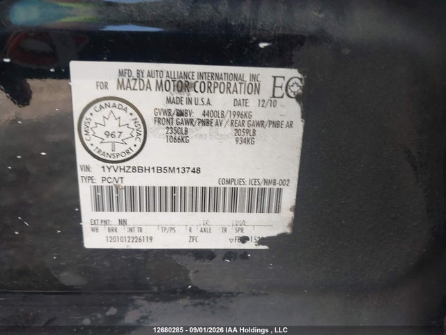Aukcja sprzedaży 2011 Mazda 6 I, vin: 1YVHZ8BH1B5M13748, numer aukcji: 12680285