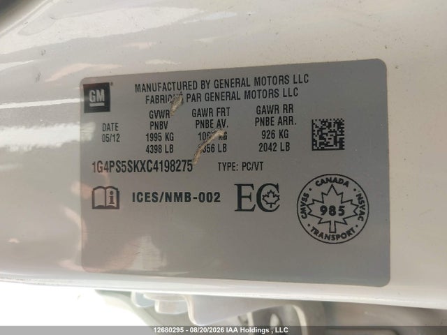 Aukcja sprzedaży 2012 Buick Verano, vin: 1G4PS5SKXC4198275, numer aukcji: 12680295