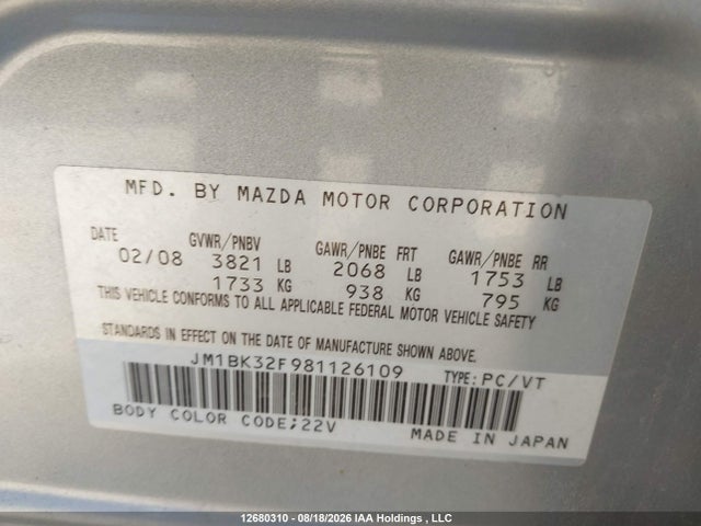 Продаж на аукціоні авто 2008 Mazda Mazda3 Gs/gx, vin: JM1BK32F981126109, номер лоту: 12680310