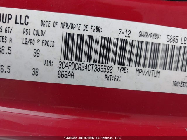 Продаж на аукціоні авто 2012 Dodge Journey Se, vin: 3C4PDCAB4CT389592, номер лоту: 12680312