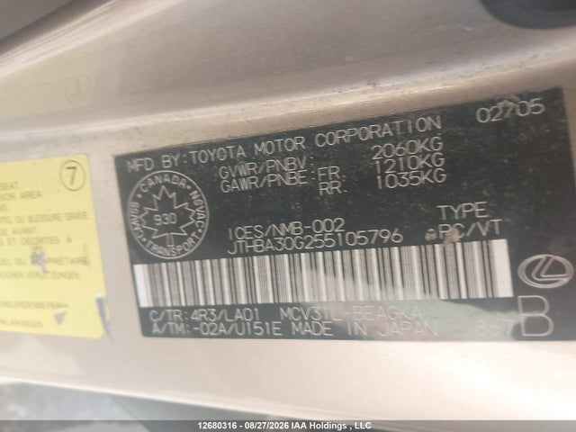 Aukcja sprzedaży 2005 Lexus Es 330, vin: JTHBA30G255105796, numer aukcji: 12680316