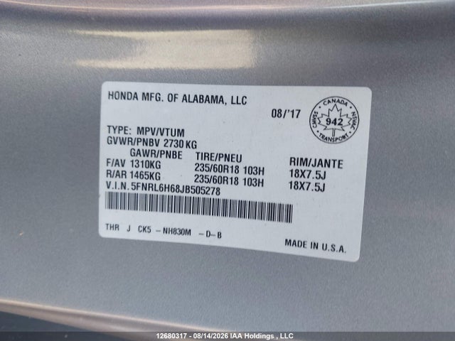5FNRL6H68JB505278 Honda ODYSSEY EXL