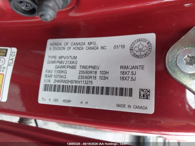 Honda Cr-v Touring 2019 2HKRW2H97KH113275 Image 19