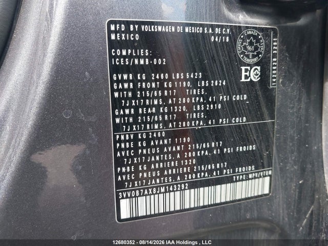 3VV0B7AX8JM143292 Volkswagen TIGUAN S