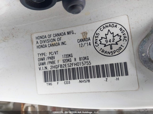 Продажа на аукционе авто 2015 Honda Civic Lx, vin: 2HGFB2E52FH015755, номер лота: 12680378