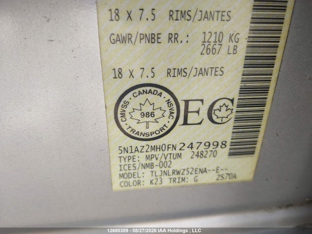 Продажа на аукционе авто 2015 Nissan Murano S/sl/sv/platinum, vin: 5N1AZ2MH0FN247998, номер лота: 12680389