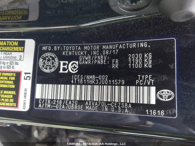 Продажа на аукционе авто 2018 Toyota Camry L/le/xle/se/xse, vin: 4T1B11HK3JU011579, номер лота: 12680393