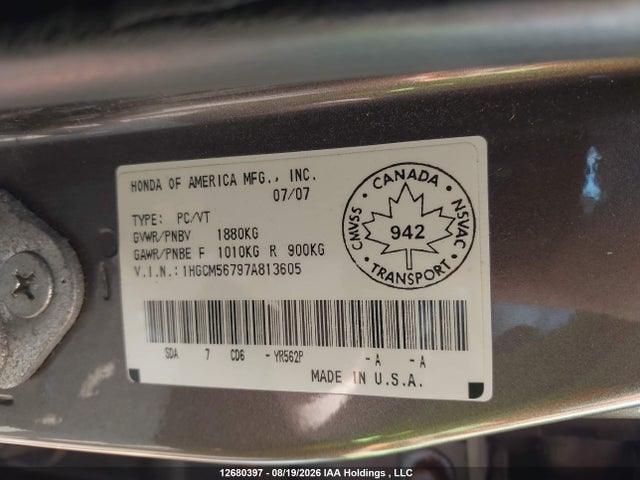 Aukcja sprzedaży 2007 Honda Accord Ex-l/se, vin: 1HGCM56797A813605, numer aukcji: 12680397