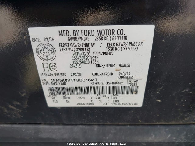 Продажа на аукционе авто 2016 Ford Explorer Platinum, vin: 1FM5K8HT1GGC16417, номер лота: 12680406