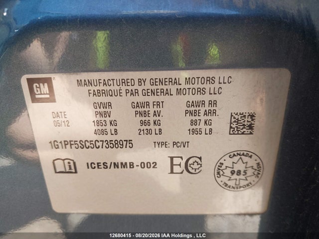 Продажа на аукционе авто 2012 Chevrolet Cruze Lt Turbo, vin: 1G1PF5SC5C7358975, номер лота: 12680415