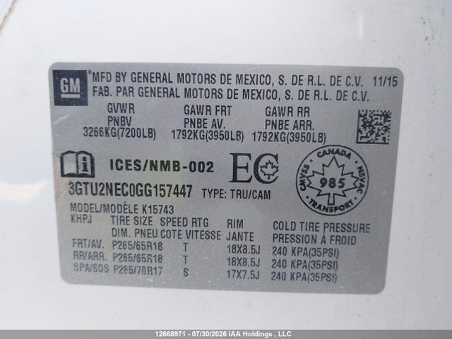 Продаж на аукціоні авто 2016 Gmc Sierra 1500 Slt, vin: 3GTU2NEC0GG157447, номер лоту: 12668971