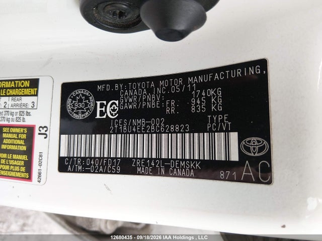 12680435 :رقم المزاد ، 2T1BU4EE2BC628823 vin ، 2011 Toyota Corolla S/le مزاد بيع