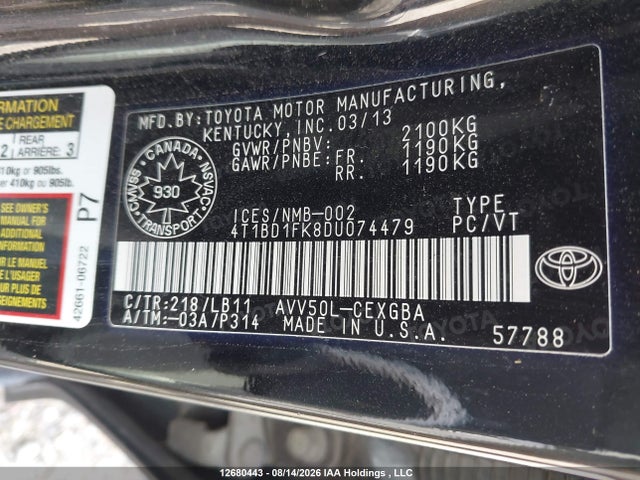Aukcja sprzedaży 2013 Toyota Camry Hybrid/le/xle, vin: 4T1BD1FK8DU074479, numer aukcji: 12680443